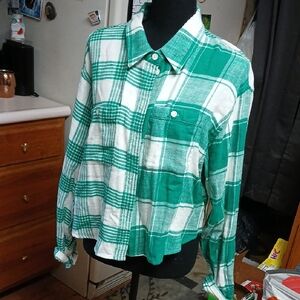 American Eagle Outfitters Green and White Plaid Shirt